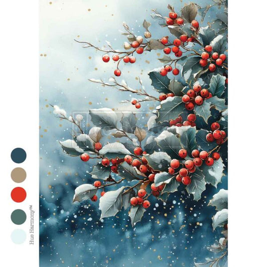 NEW PRIMA A4 Decoupage Rice Paper -  Frosted Boughs & Berries