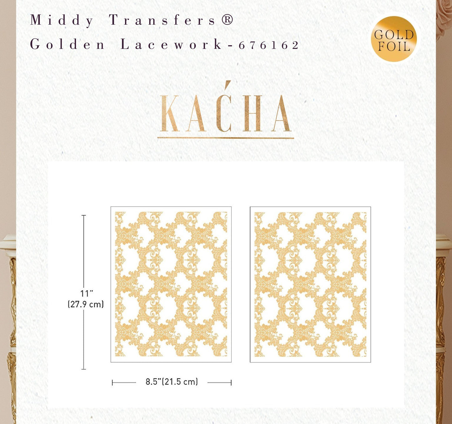 Kacha Middy Foil Transfers 2 Sheet Set Golden Lacework