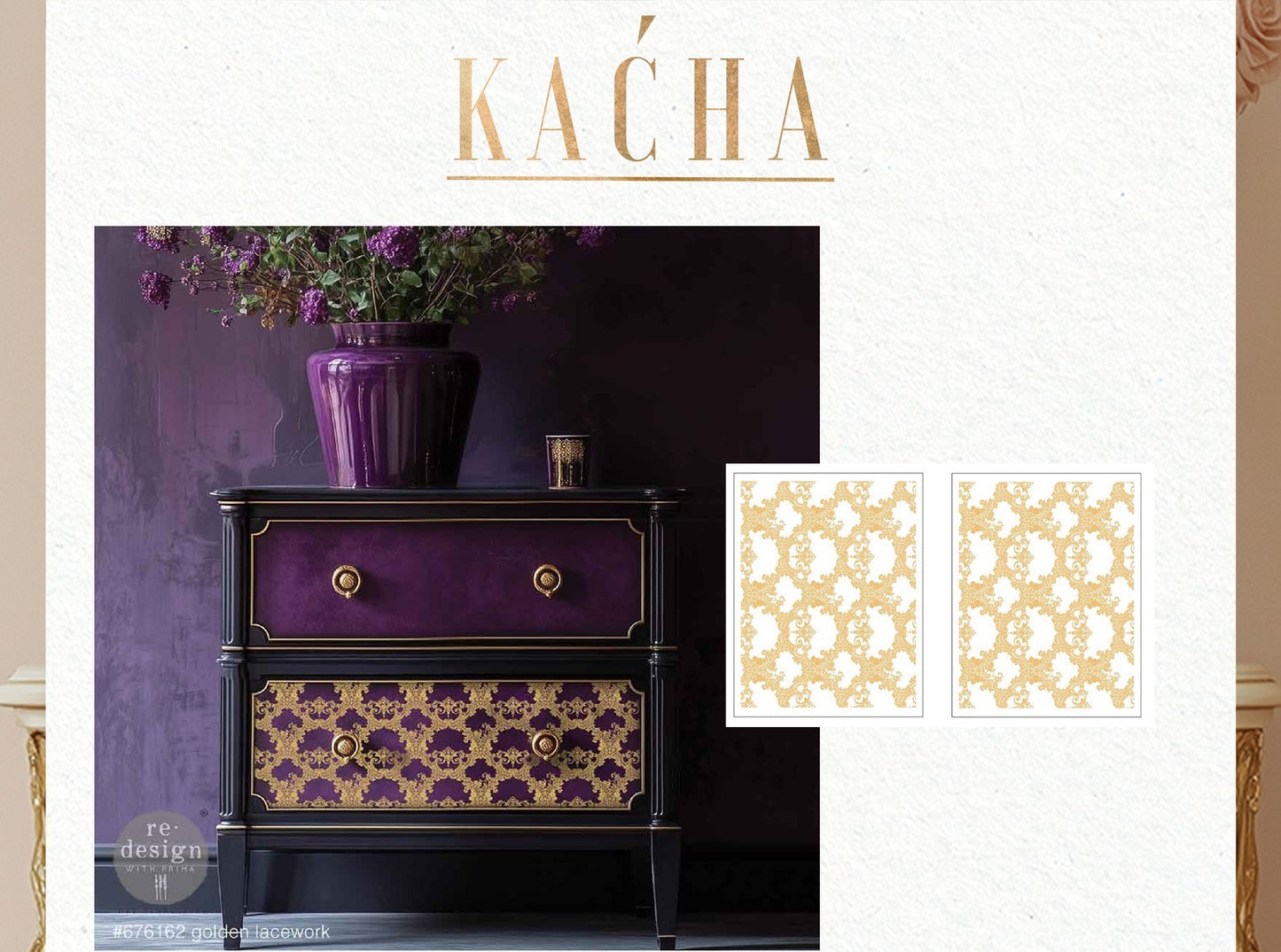 Kacha Middy Foil Transfers 2 Sheet Set Golden Lacework