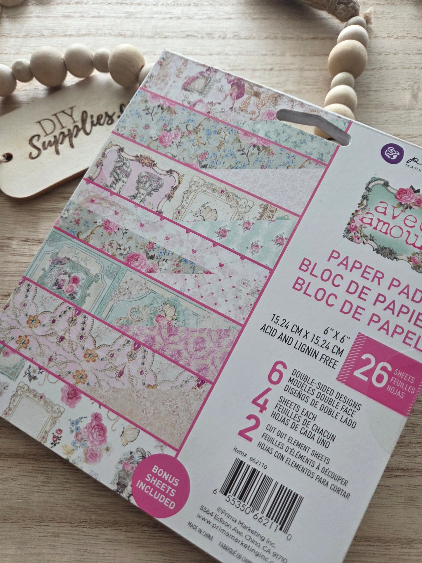 Prima Paper Pad  - 26 Piece 6" x 6" Pad Avec Amour