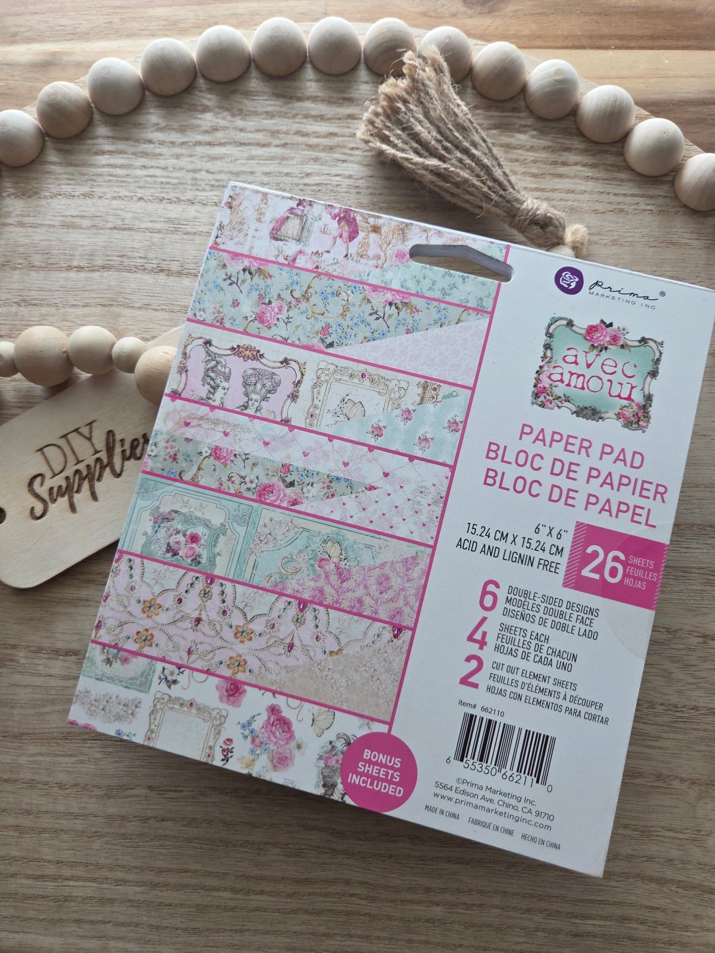 Prima Paper Pad  - 26 Piece 6" x 6" Pad Avec Amour