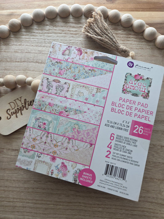 Prima Paper Pad  - 26 Piece 6" x 6" Pad Avec Amour